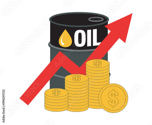 Rising oil price concept, barrel upward arrow dollar coins fuel cost increase global market economic impact transparent PNG vector set