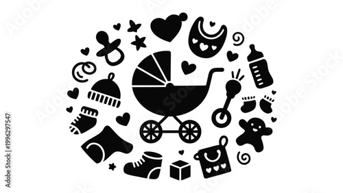 Tableau sur toile Baby Essentials Icon Composition: A charming, monochrome graphic showcasing a collection of essential baby items arranged in a circle, including a stroller, pacifier, bib, and more