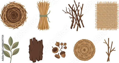 Natural Materials Vector Set with Twigs, Straw Bundles, Bark, Leaves and Nest Elements for Rustic Design, Craft, Ecology and Organic Texture Illustration