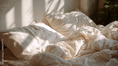 A corner of a messy but aesthetic bed with crumpled white linen sheets and ivory cotton duvet, soft warm sunlight streaming through a window, airy and bright, neutral tones