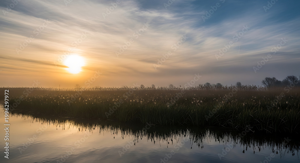Obraz premium Sunrise over a misty lake with reeds in the foreground, creating a serene and peaceful landscape atmosphere in the early morning