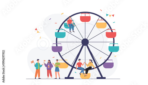 Ferris Wheel Fun Fair with Teenagers Having Fun Flat Design