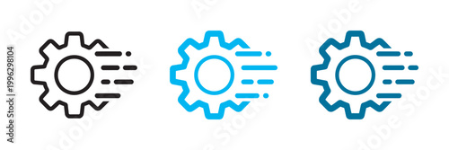 Settings gear icon, motion lines system optimization automation speed performance configuration web UI interface design transparent PNG vector set