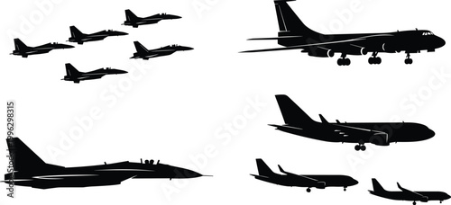 Aircraft silhouettes collection featuring military fighter jets and commercial airplanes in flight for aviation design use