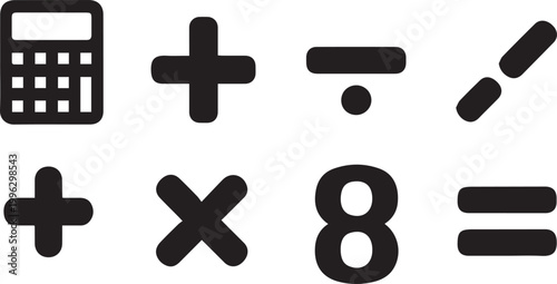 A simple math problem with a calculator and symbols on a white background