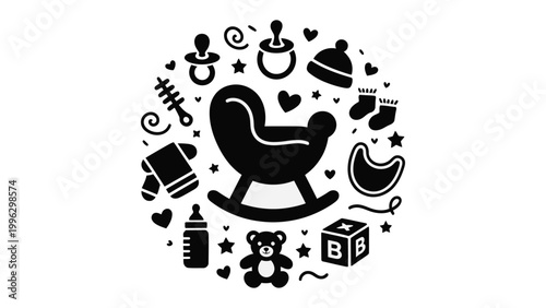 Baby Care Essentials: An artfully arranged silhouette showcases essential baby care items in a circle. Embracing the essence of infancy and the nurturing needs of a newborn.