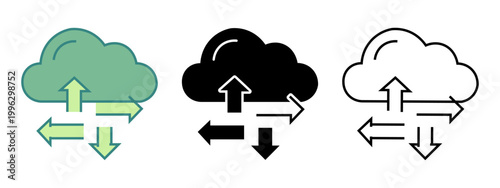 Cloud data transfer concept represented by three icons with directional arrows indicating upload download and exchange of information