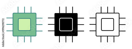 Collection of three distinct vector illustrations representing a central processing unit chip with multiple pins and variations in color and style