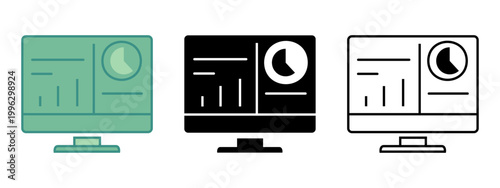 Three diverse icons of a computer screen displaying financial data charts and graphs for business analytics and investment tracking concepts