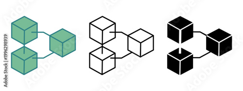 Three interconnected abstract cubic blocks representing a digital network or data chainlink structure in a clean vector graphic format