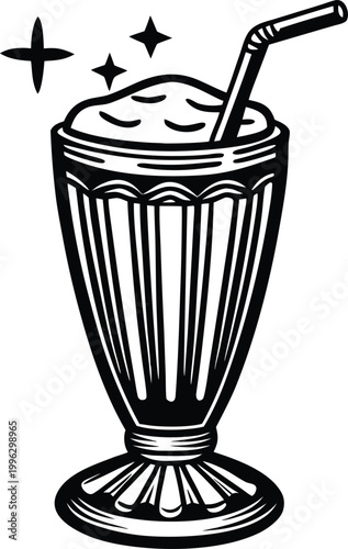 Black and white milkshake, vintage soda illustration, creamy drink icon, retro style