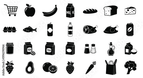 Black and white icons depicting various grocery items and food products