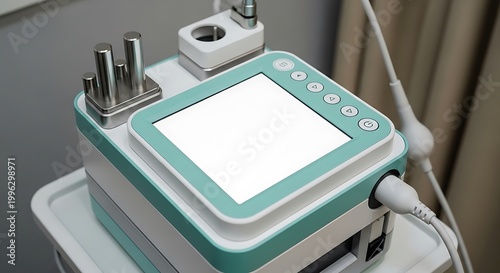 A modern medical device with a touchscreen interface and various attachments on a white table in a clinical setting.