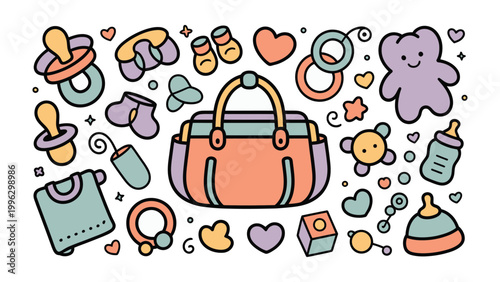 Baby essentials: A charming assortment of essential items for a newborn baby, artfully arranged to showcase the joys and practicalities of early parenthood.