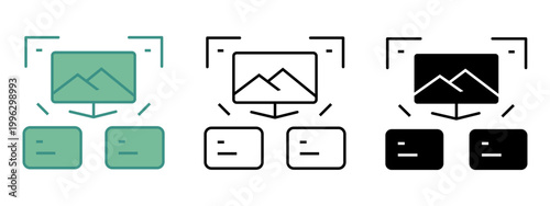 Visual data representation of a digital image displayed on a monitor with two connected boxes for input or output purposes icon