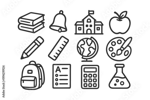 A collection of educational and back-to-school icons representing learning and school supplies. Perfect for education or marketing