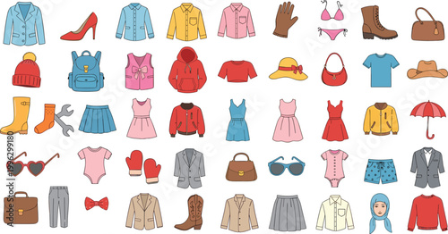 Fashion Clothing and Accessories Icon Set Featuring Seasonal Outfits Shoes Bags Hats and Apparel Elements for Stylish Wardrobe Illustration Collection Design.