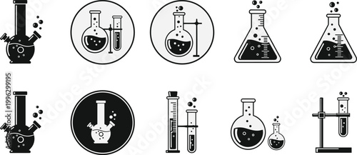 Laboratory glassware icon set with flasks test tubes and chemistry equipment for science research and experiment design