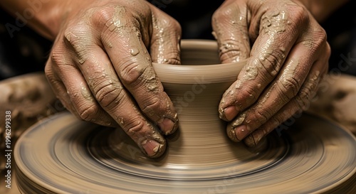 Hands of a Potter Shaping a Clay Vessel on a Spinning Wheel