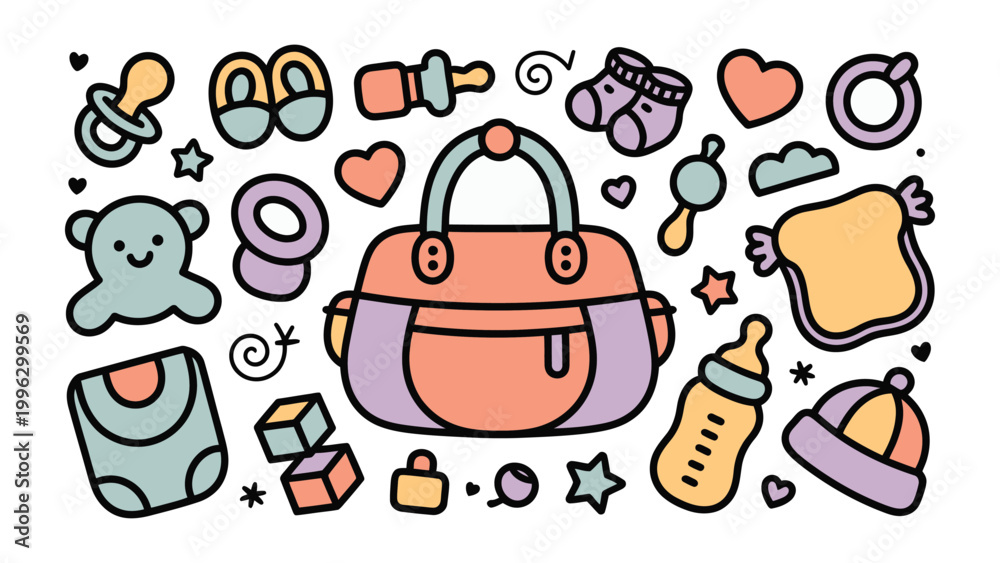 Fototapeta premium Essentials of Parenthood: An adorable collection of baby essentials, from a charming diaper bag to a comforting pacifier, perfectly arranged for showcasing the tenderness of newborn