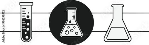 Laboratory glassware icons with test tube and flasks displaying chemical reactions, bubbles, and scientific experiment concepts in minimal modern style