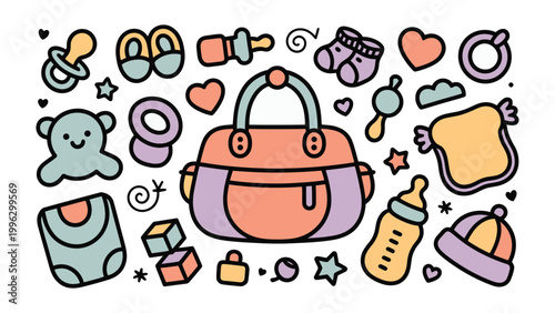 Essentials of Parenthood: An adorable collection of baby essentials, from a charming diaper bag to a comforting pacifier, perfectly arranged for showcasing the tenderness of newborn