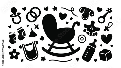 Baby Essentials: An assortment of essential items for a newborn baby, carefully arranged in a cheerful, illustrative style. Capture the tender, innocent, and joyful beginnings of a baby.