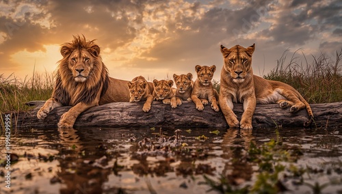 Family lioness four cubs, família, leão, savana