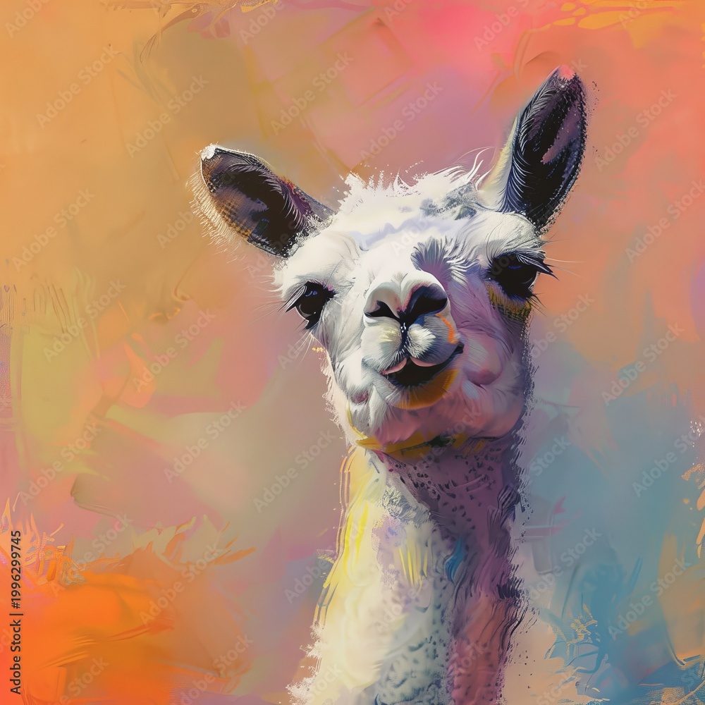 Fototapeta premium Lively llama portrait with vibrant abstract background highlighting its playful expression and fluffy fur