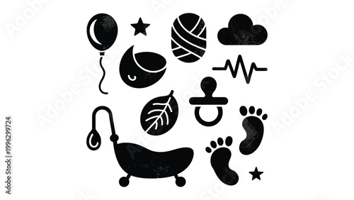 Baby Icons: A collection of charming baby-themed icons, including a balloon, star, moon, yarn, cloud, heartbeat, pacifier, footprints, and a bathtub.