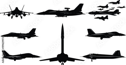 Military aircraft silhouette set featuring fighter jets and missile system for aviation defense and aerospace design