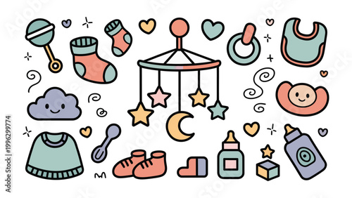 Playful Baby Items Composition: A collection of charming baby essentials and toys is artfully arranged. This delightful illustration evokes the wonder and anticipation of new beginnings. 