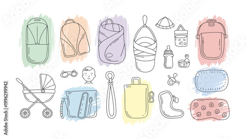 Essentials for New Arrivals: A charming collection of essential items for newborn care, hand-drawn with a gentle touch. Capturing the essence of new life with artistic detail. 