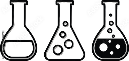 Minimal laboratory flask icons showing chemical liquids and bubbles representing science experiments, research processes, and modern scientific illustration design