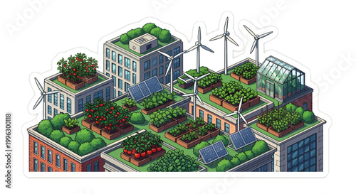 Eco-friendly urban rooftop garden with wind turbines and solar panels