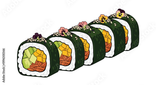 Delicious sushi rolls with colorful fillings and toppings