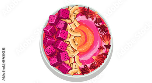 Vibrant fruit salad bowl with dragon fruit and nuts