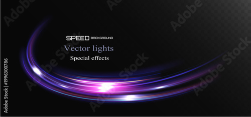 Glowing curved light trail with purple and blue tones creating a sense of speed and motion. Smooth dynamic flow with luminous streaks on transparent background.
