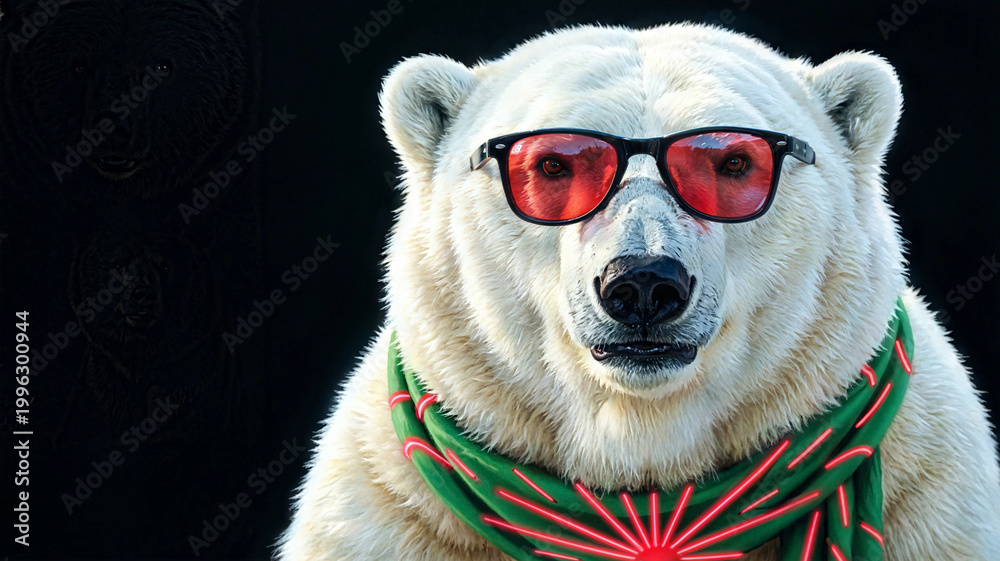 Fototapeta premium Cool polar bear wearing red sunglasses and a colorful scarf portrait