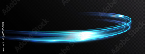 Blue glowing light trail forming a smooth curved motion with strong sense of speed and energy. Bright luminous streaks create dynamic flow isolated on transparent background.
