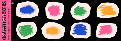 Paper cutout spray paint stickers with graffiti splat and ink splotch. Urban paper shapes on collage background for zine and scrapbook. Retro vector cutout frames with trendy modern stencil texture.
