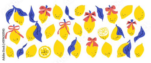 Coquette lemon with bows illustrations Italian Mediterranean charm. Hand drawn whimsical naive doodle fruit featuring branches in blue yellow tones. Vector lemons scribble isolated no bg.