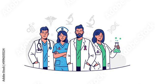 A vector illustration of four medical professionals standing together in lab coats