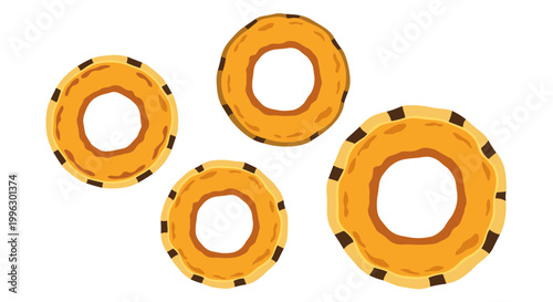A set of four orange life preservers on a white background