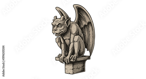 A stone gargoyle sits perched on a ledge with wings spread wide