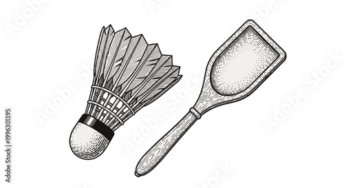 A minimalist vector illustration of a shuttlecock and badminton racket