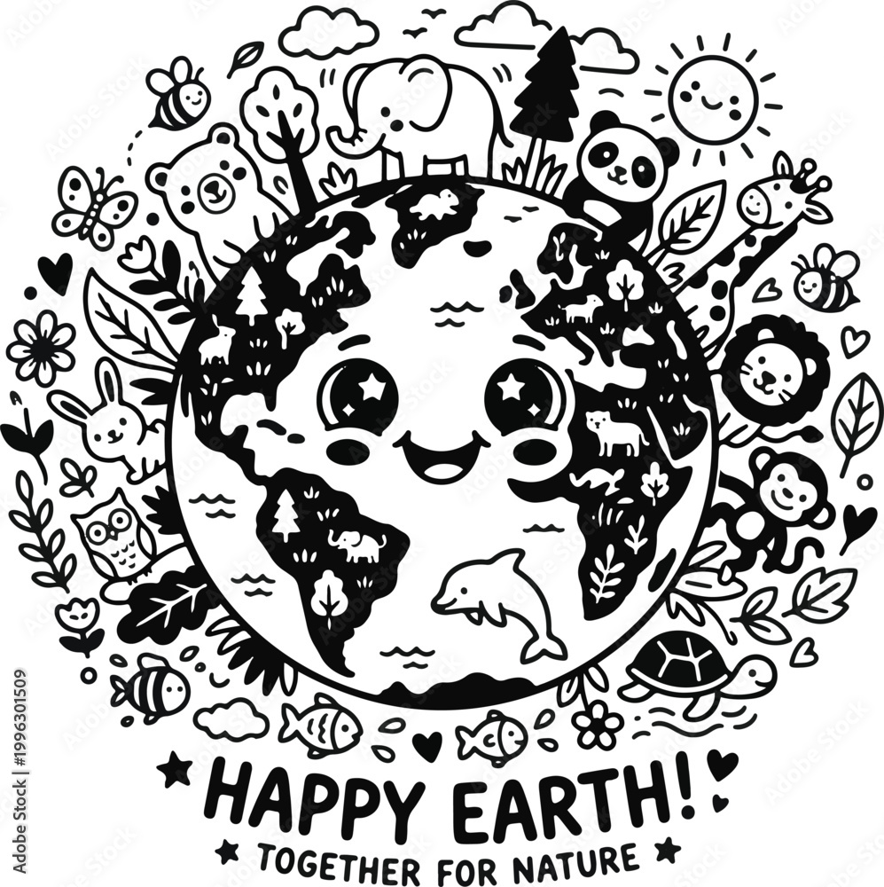 Obraz premium Together for nature concept with kawaii globe and wildlife circle illustration.