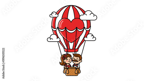A cartoon illustration of a couple in a red and white hot air balloon