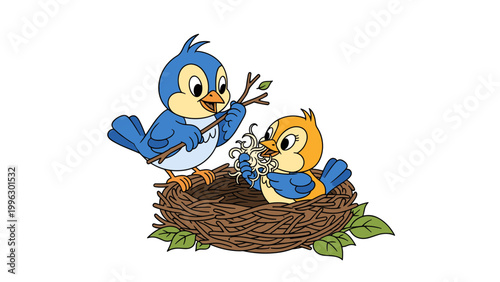 A colorful illustration of two cartoon chipmunks in a nest with leaves