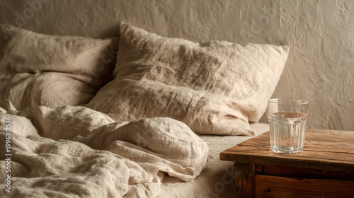 An unmade bed with light beige linen bedding, a simple wooden bedside table with a glass of water, soft morning haze lighting, monochromatic cream aesthetic